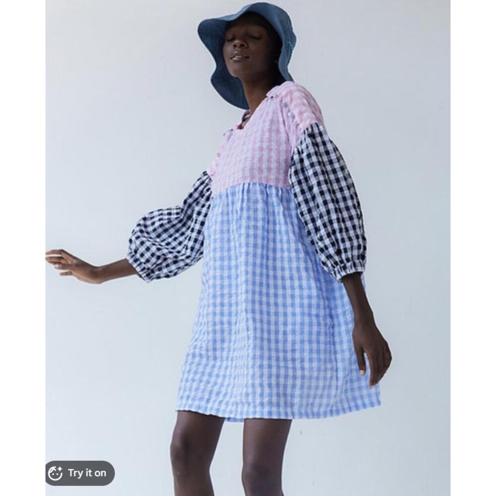 Tach Clothing Catarina Cloque Dress size M Gingham Mix Puff Sleeve Colorblock - Picture 2 of 12